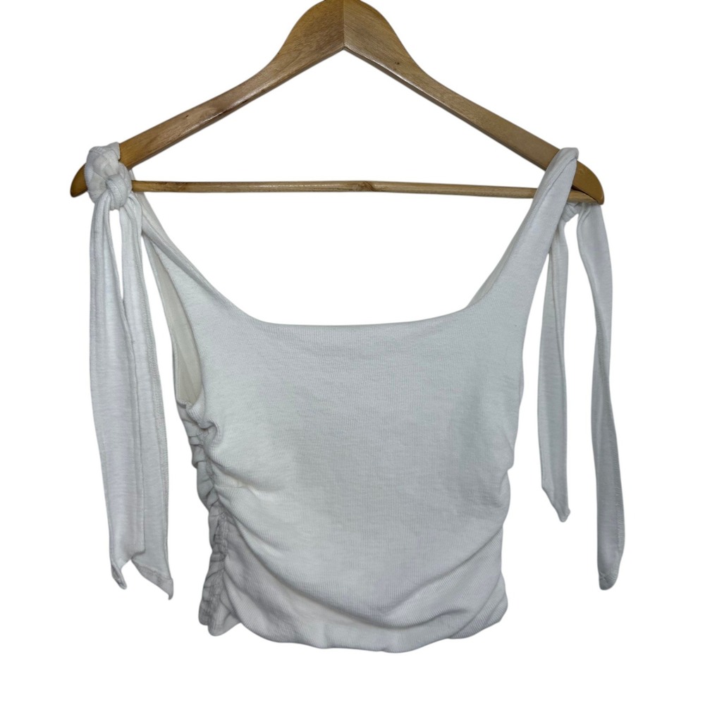 Free People Boulevard Tie Strap Tank Crop Top White Ruched Cotton S Minimalist